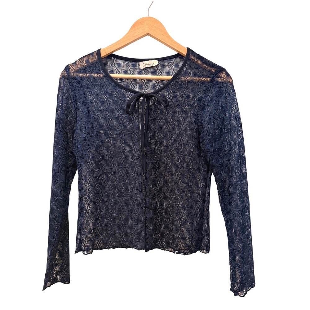 Y2K Navy Blue Lace Tie Front Cardigan Sheer Knit Shrug Top Womens Academia S‎ - Picture 2 of 10